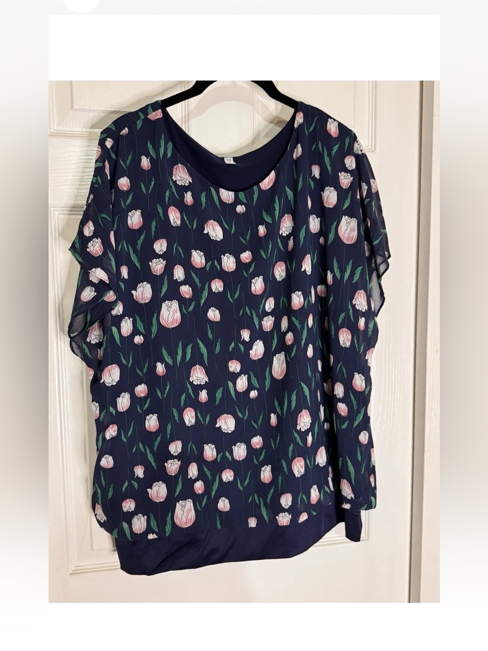 Navy Pink Tulip Print Short Sleeve Blouse
